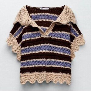 Zara Crochet Knit Hooded Short Sleeve Sweater